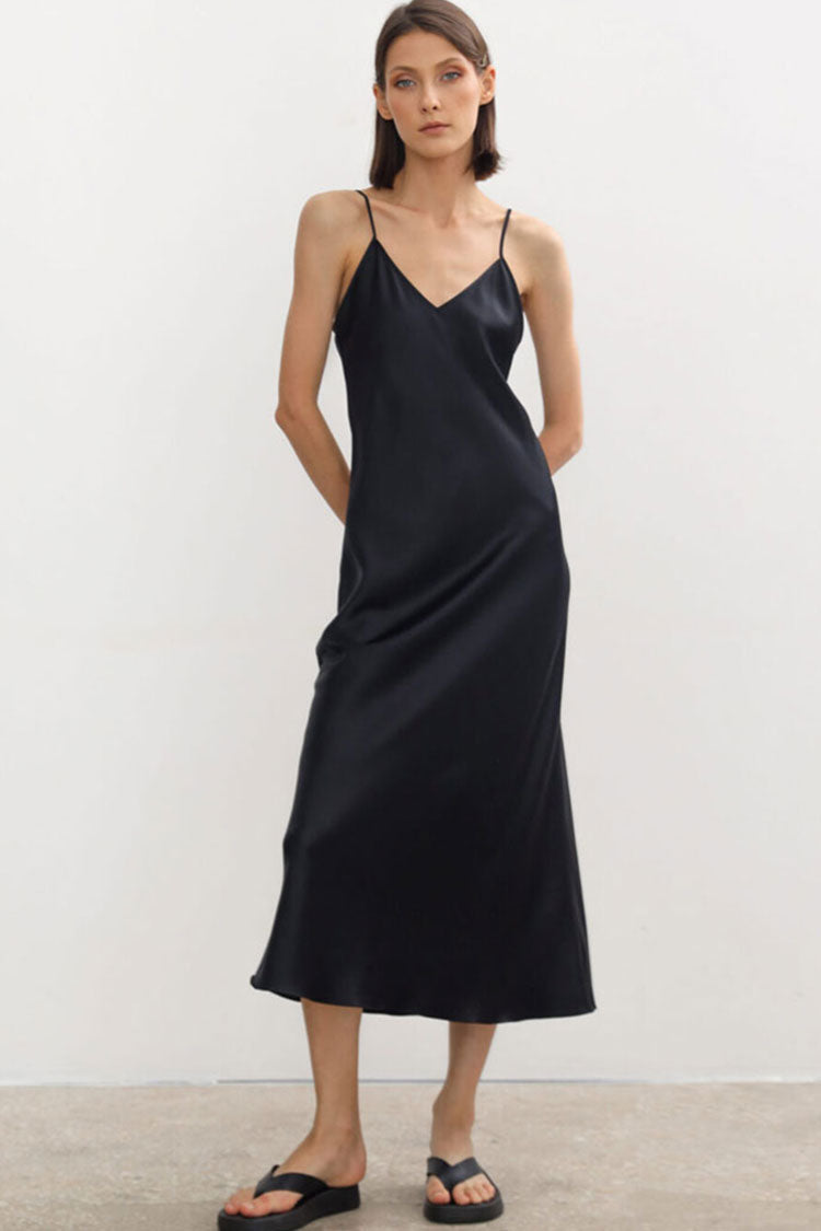 Black V-Neck Spaghetti Strap Satin Slip Midi Dress