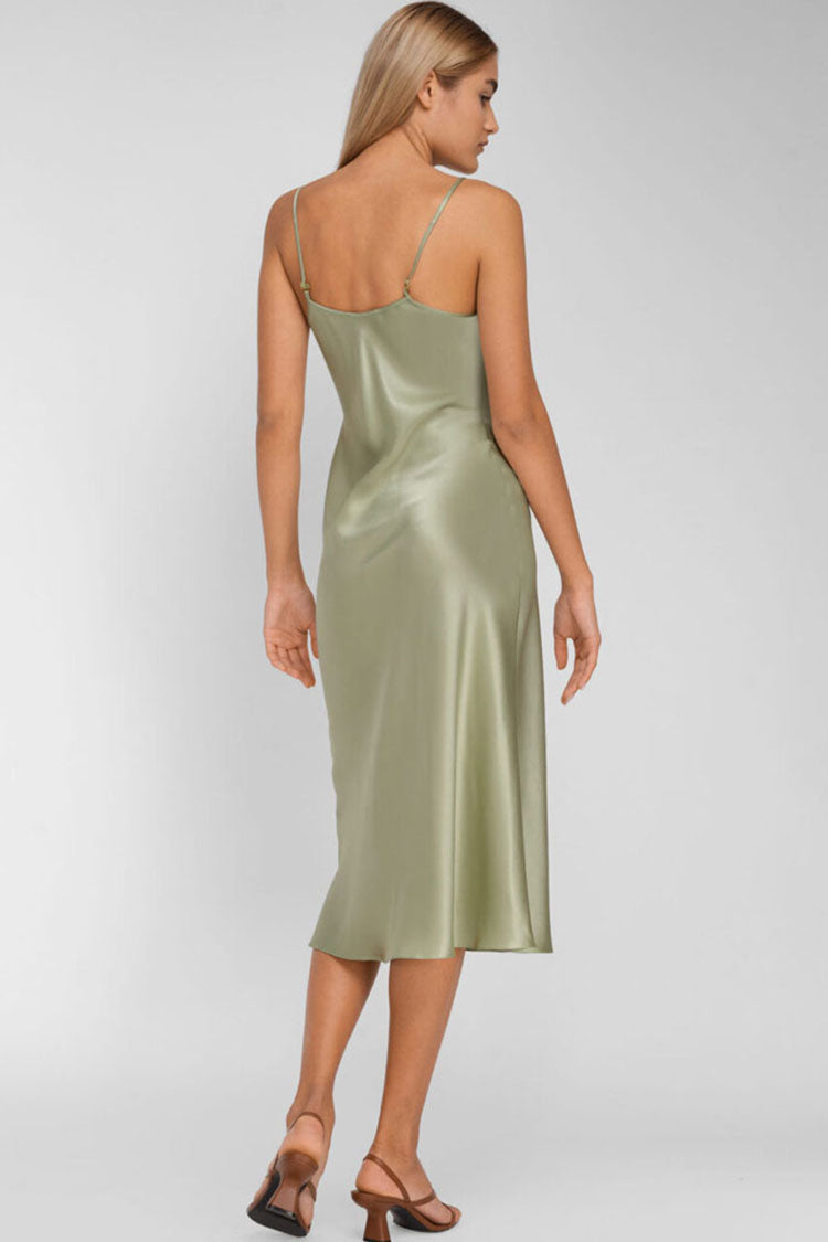 Light Green V-Neck Spaghetti Strap Satin Slip Midi Dress
