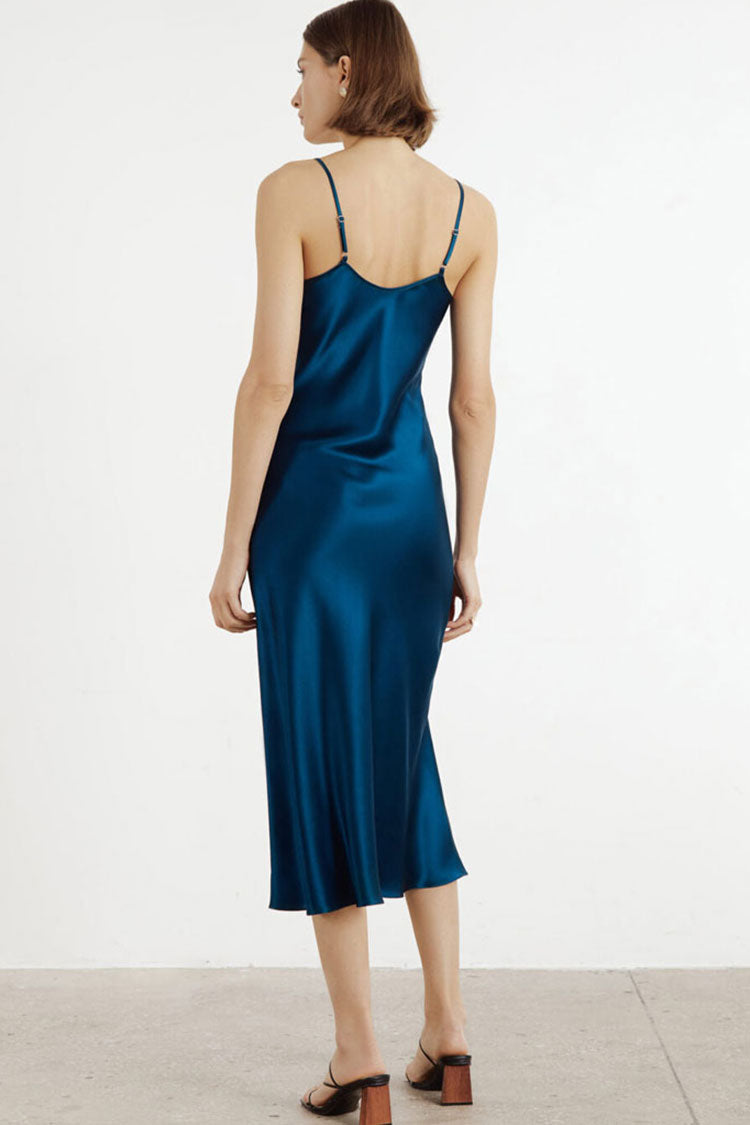 Navy Blue V-Neck Spaghetti Strap Satin Slip Midi Dress