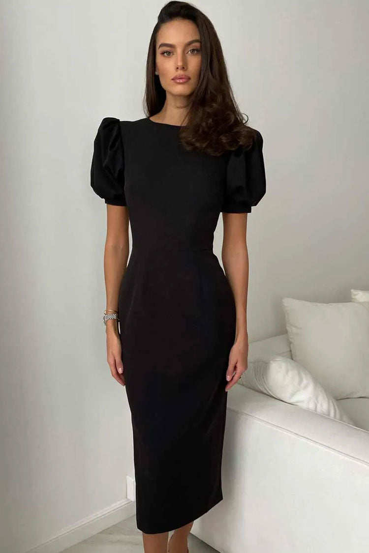 Black Crew Neck Puff Sleeve Fitted Sheath Midi Dress