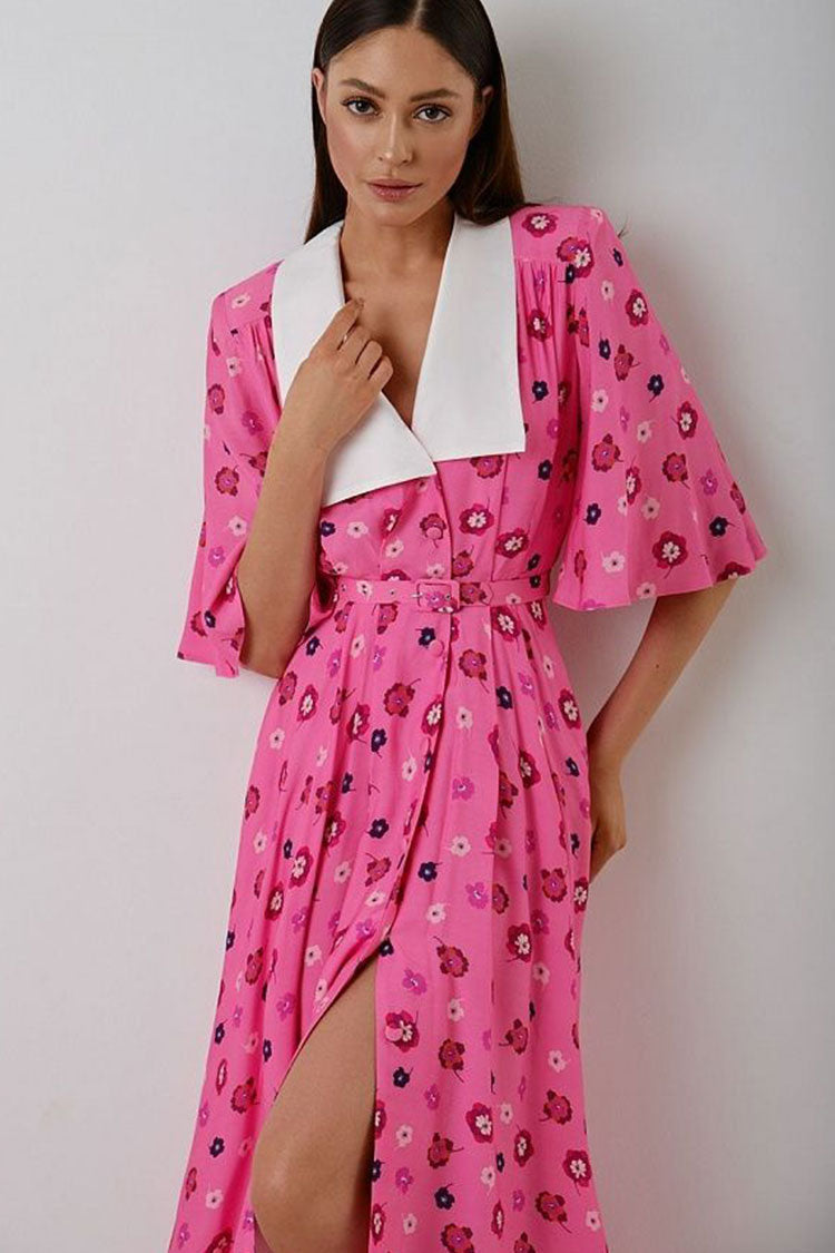 Pink Shawl Collar Flutter Sleeve Button Front Belted Floral Midi Dress