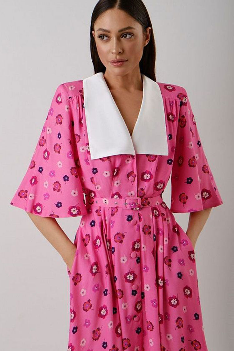 Pink Shawl Collar Flutter Sleeve Button Front Belted Floral Midi Dress