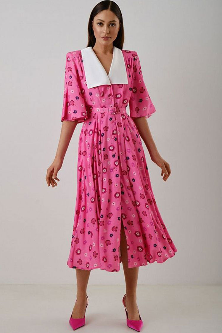 Pink Shawl Collar Flutter Sleeve Button Front Belted Floral Midi Dress