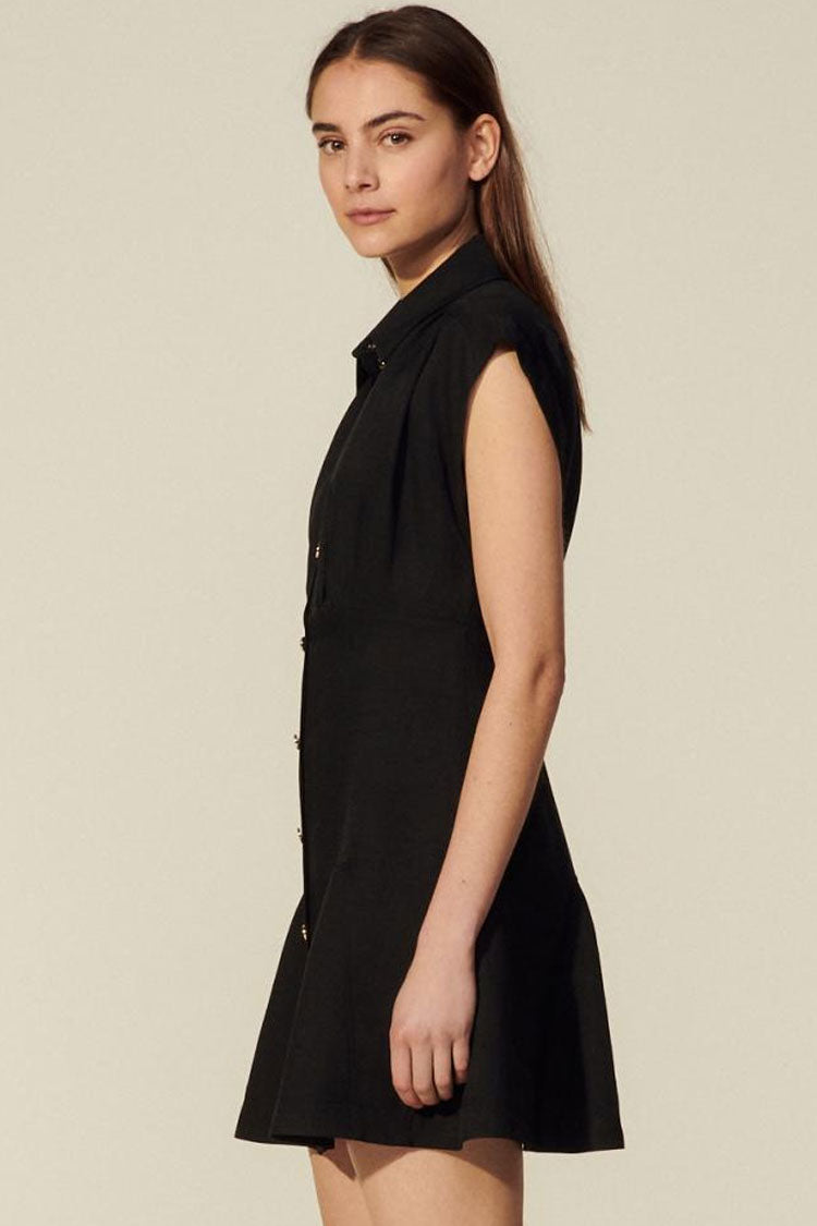 Black Collared Cap Sleeve Button Front Flared Shirt Mini Dress