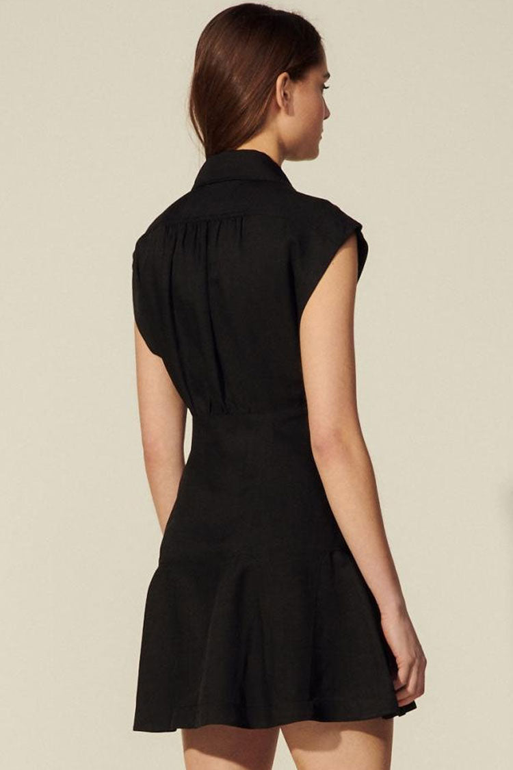 Black Collared Cap Sleeve Button Front Flared Shirt Mini Dress