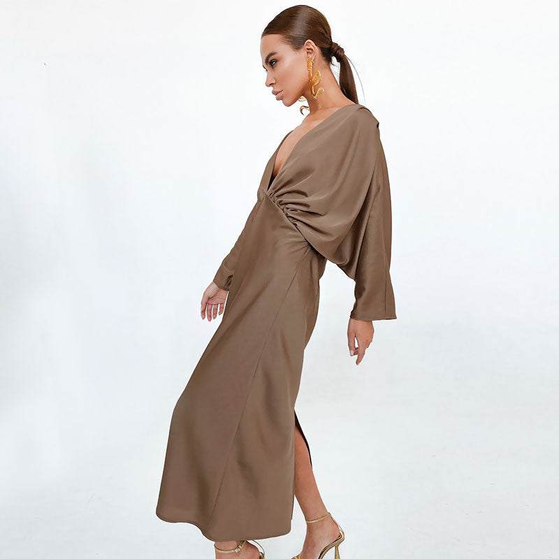 Brown Deep V-Neck Satin Ruched Batwing Sleeve Maxi Dress