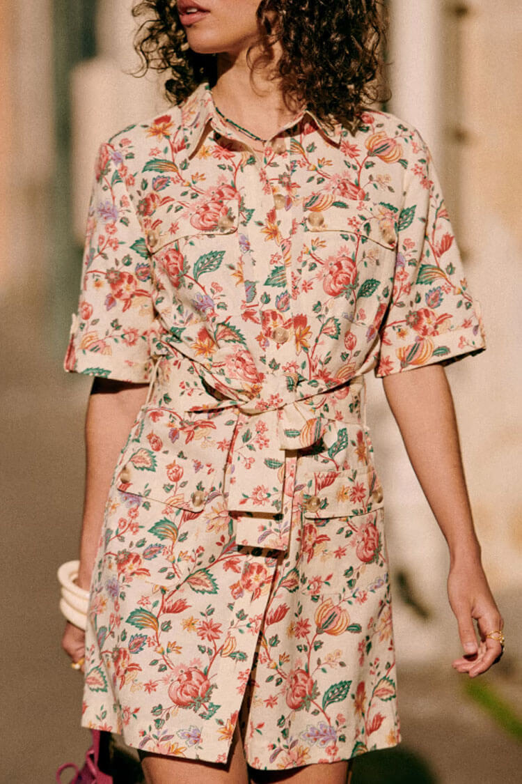 Floral Collared Short Sleeve Floral Print Button Up Belted Shirt Mini Dress