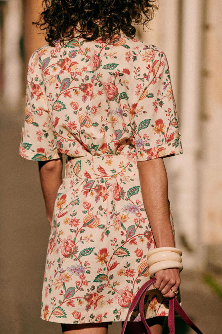 Floral Collared Short Sleeve Floral Print Button Up Belted Shirt Mini Dress