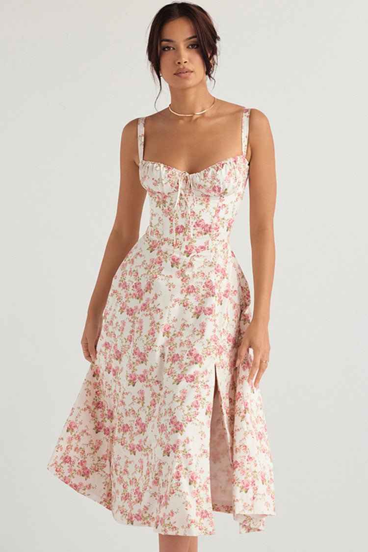 Pink Sweetheart Bustier Tie Front Floral Print High Slit Midi Dress