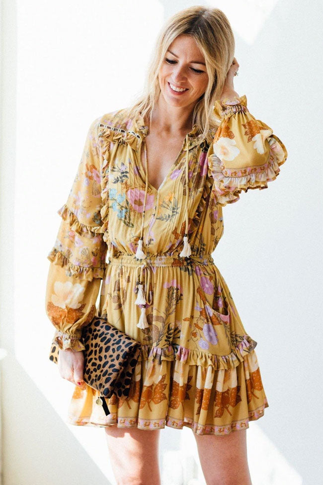 Yellow V-Neck Floral Print Long Sleeve Ruffle Tiered Boho Mini Dress