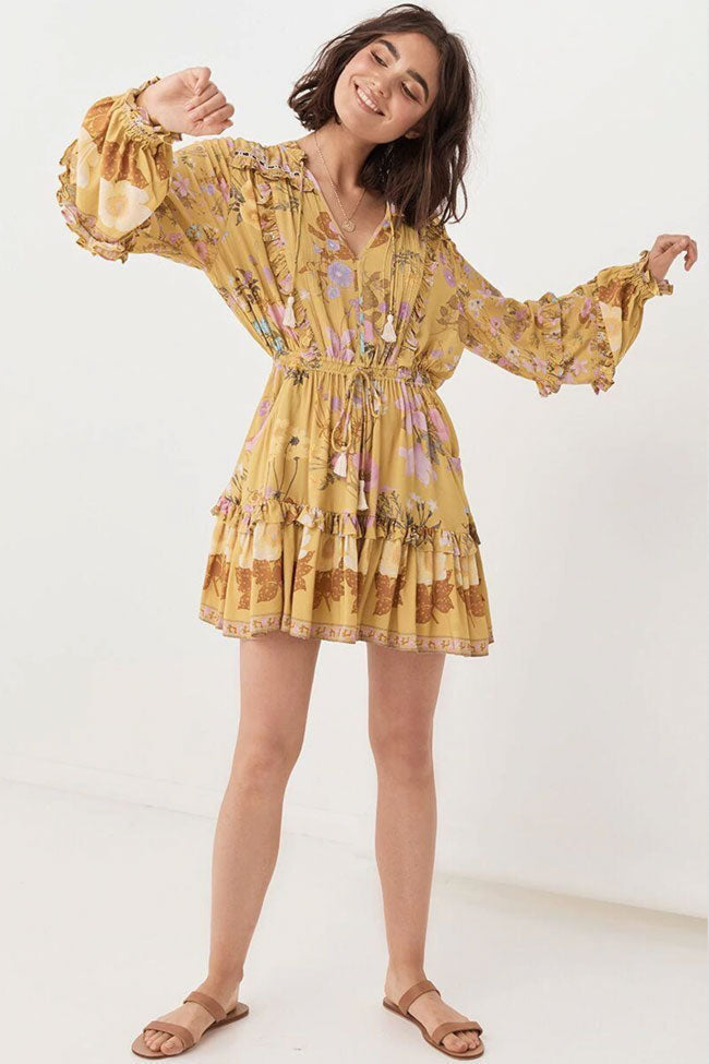 Yellow V-Neck Floral Print Long Sleeve Ruffle Tiered Boho Mini Dress