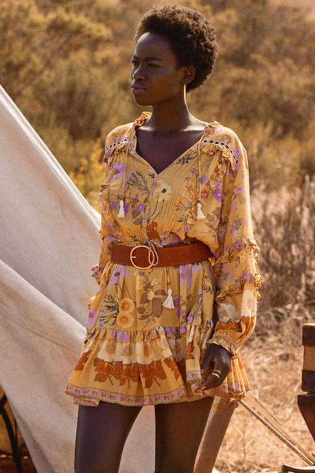 Yellow V-Neck Floral Print Long Sleeve Ruffle Tiered Boho Mini Dress