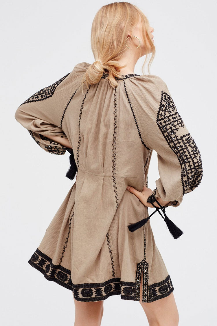 Gray Split Neck Ethnic Embroidered Tassel Cuff Balloon Sleeve Boho Mini Dress