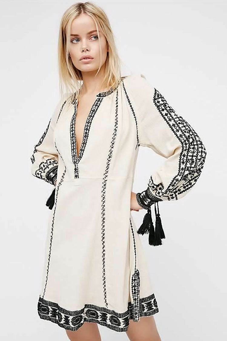 White V-Neck Ethnic Embroidered Tassel Trim Long Sleeve Boho Mini Dress