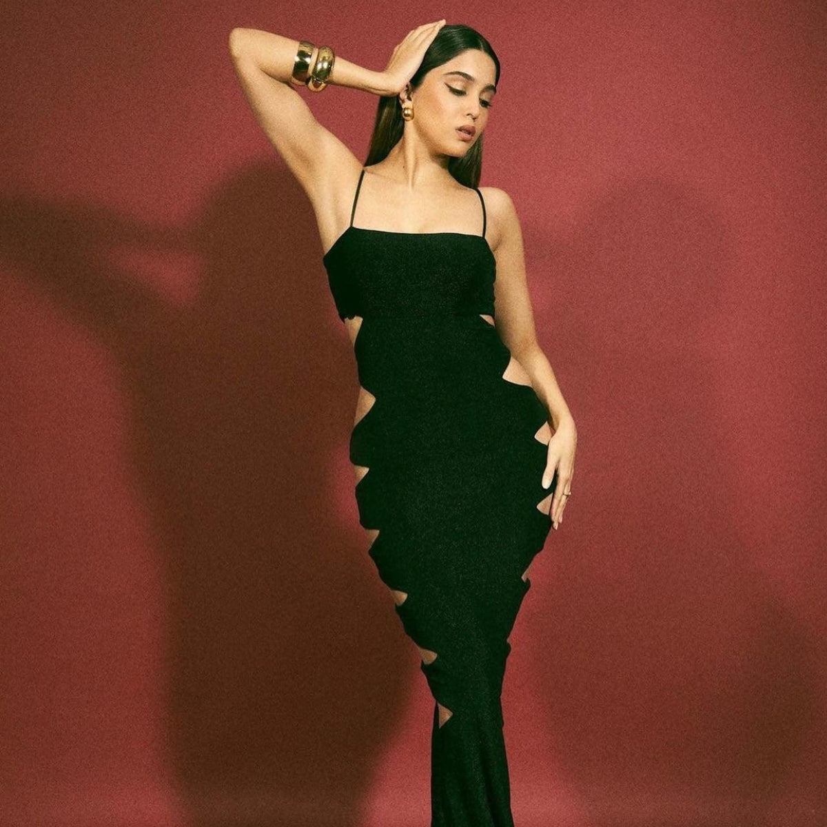 Black Spaghetti Strap Straight Neck Side Cutout Bodycon Maxi Dress