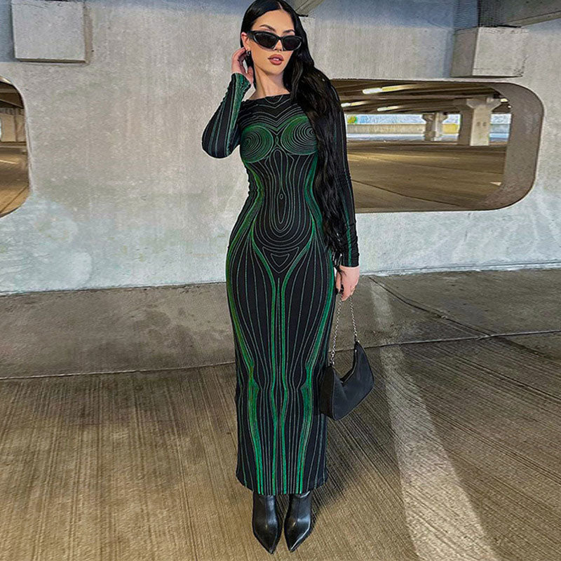 Green Crew Neck Body Contour Print Long Sleeve Bodycon Maxi Dress