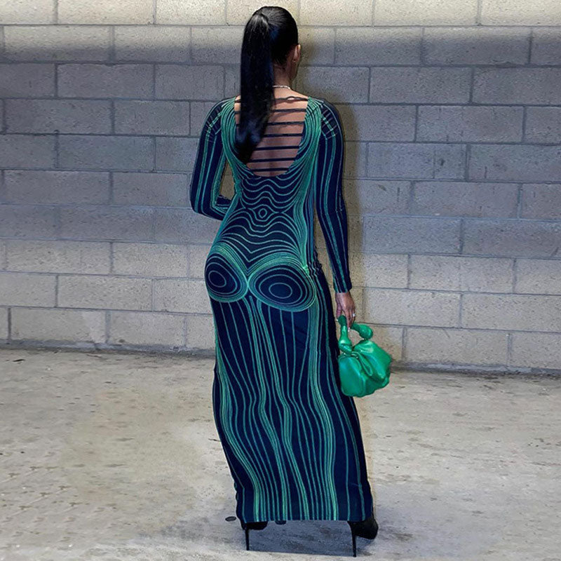 Green Crew Neck Body Contour Print Long Sleeve Bodycon Maxi Dress