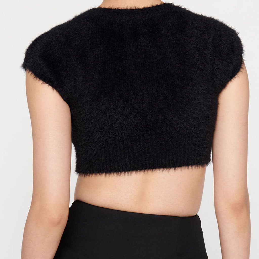 Black Front Clasp Fuzzy Knit Short Sleeve Cropped Cardigan 4