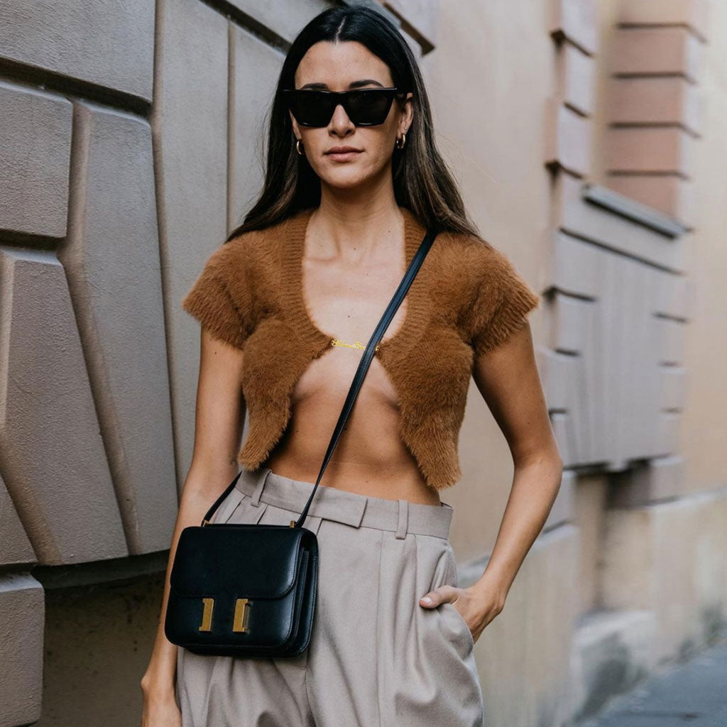 Camel Front Clasp Fuzzy Knit Short Sleeve Cropped Cardigan