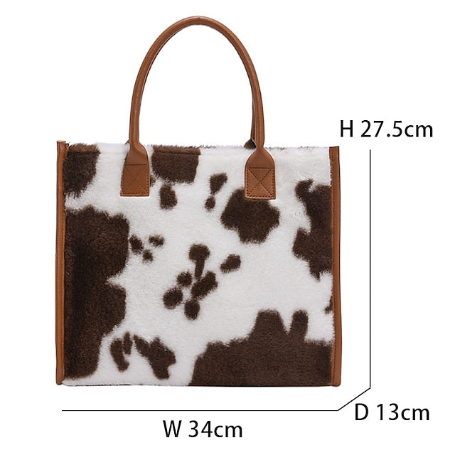 Leopard Faux Fur Leather Trim Tote Bag