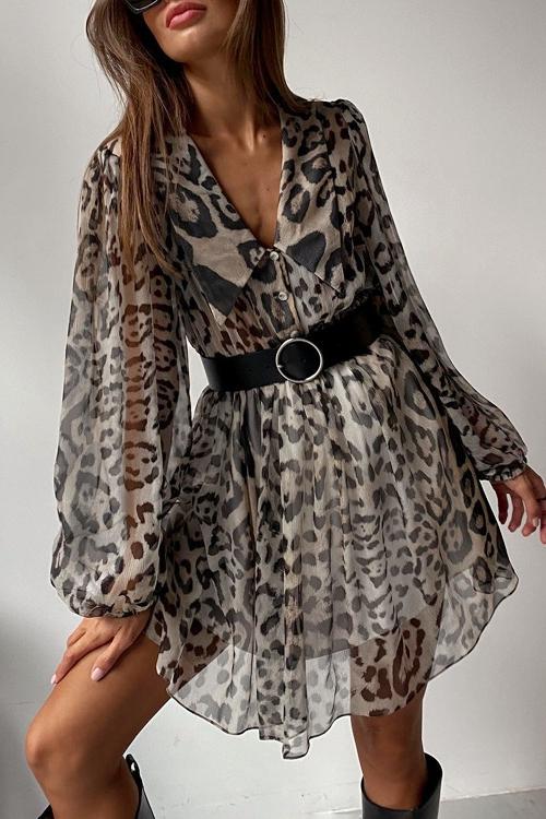 Melisa Timeless Printed Chiffon V Neck Mini Dress with Belt Designer Edit