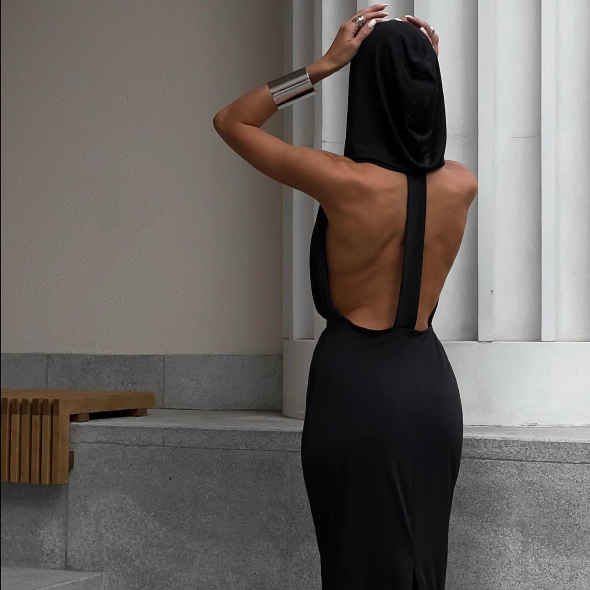 Black Hooded Open Back Sleeveless Bodycon Maxi Dress