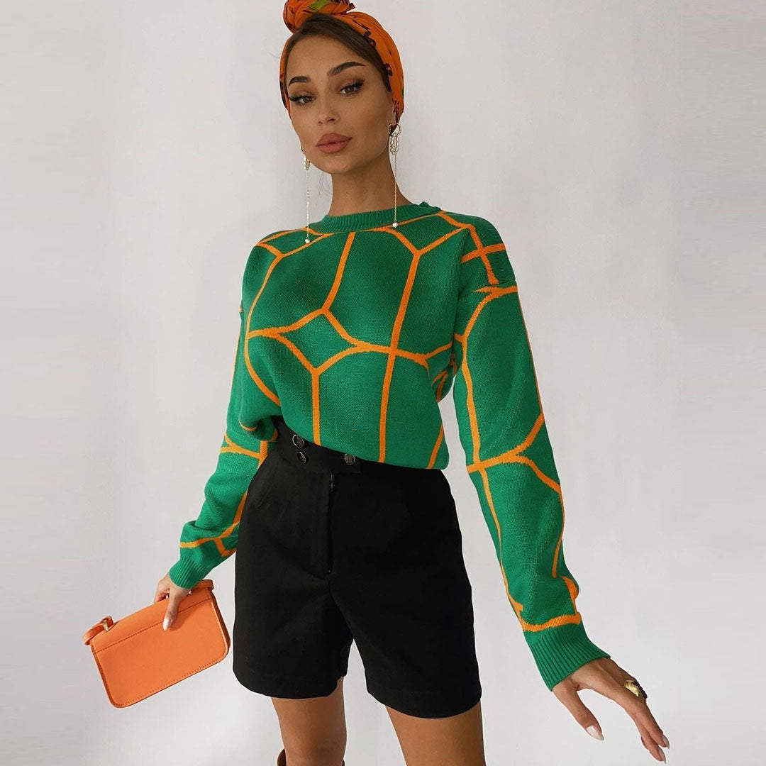 Green Geometric Pattern Crew Neck Drop Shoulder Long Sleeve Sweater