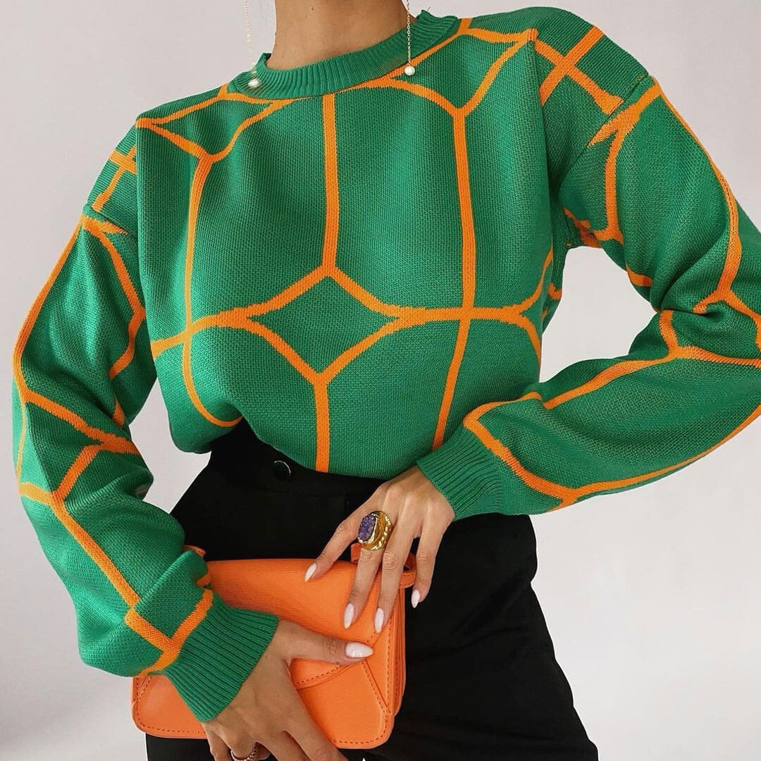 Green Geometric Pattern Crew Neck Drop Shoulder Long Sleeve Sweater
