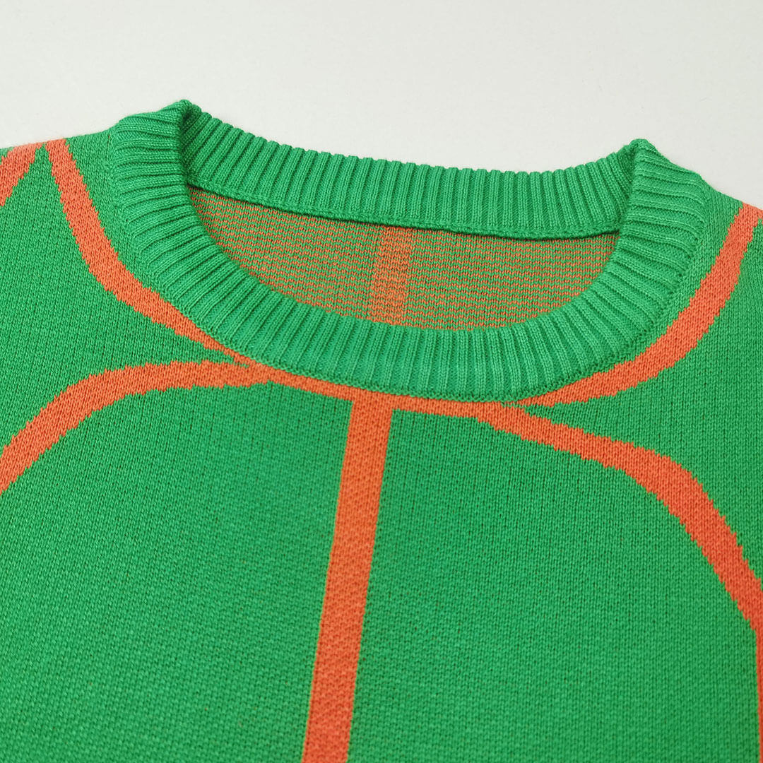 Green Geometric Pattern Crew Neck Drop Shoulder Long Sleeve Sweater