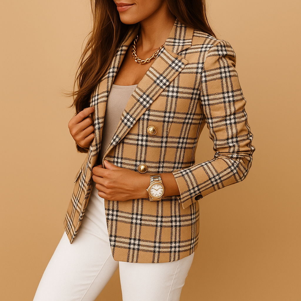 Notch Lapel Plaid Double-Breasted Long Sleeve Blazer