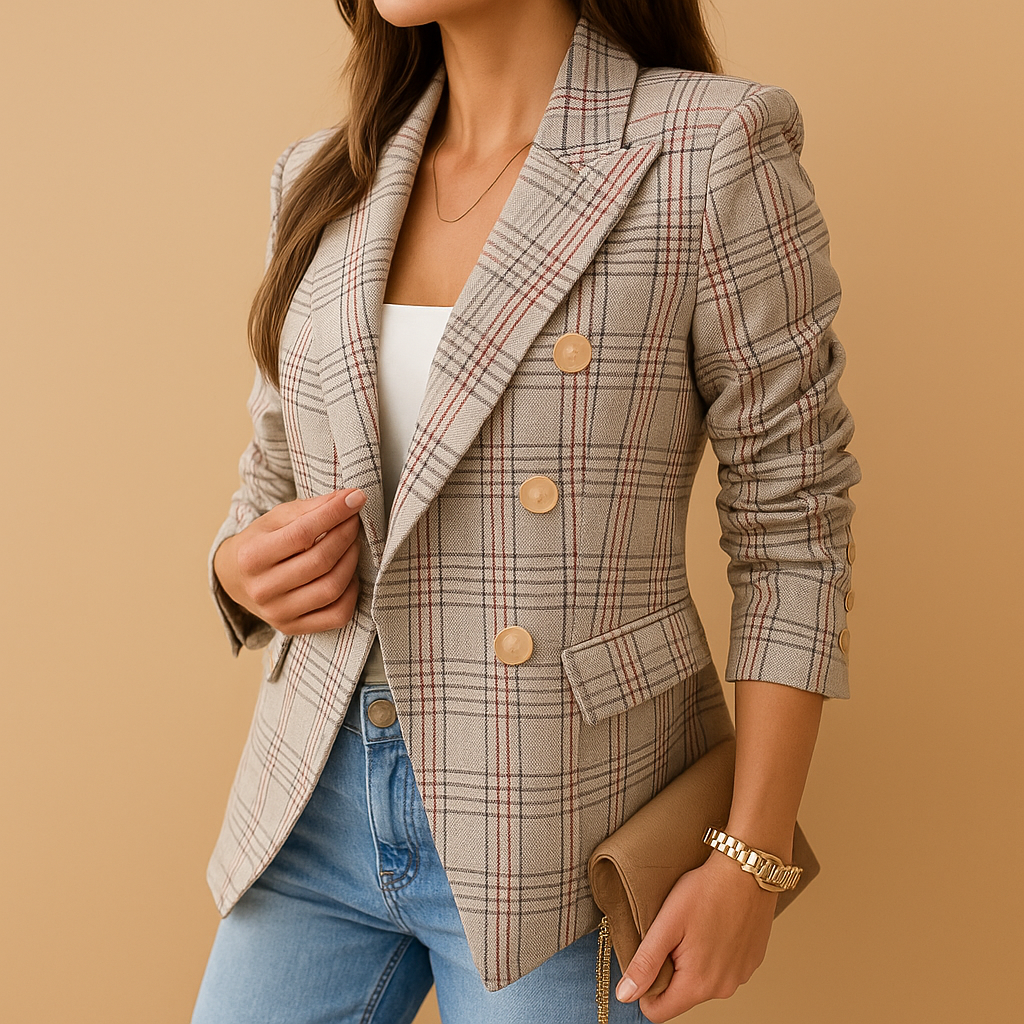 Notch Lapel Plaid Double-Breasted Long Sleeve Blazer