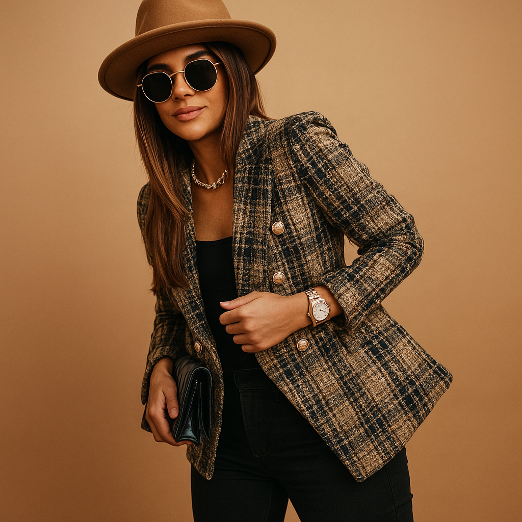 Notch Lapel Plaid Tweed Gold Button Fitted Blazer