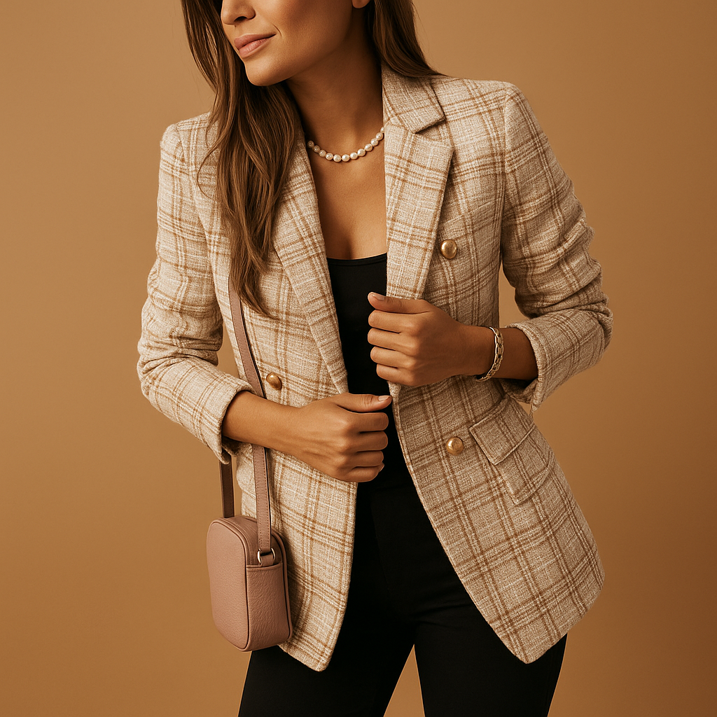 Notch Lapel Plaid Tweed Gold Button Fitted Blazer 3