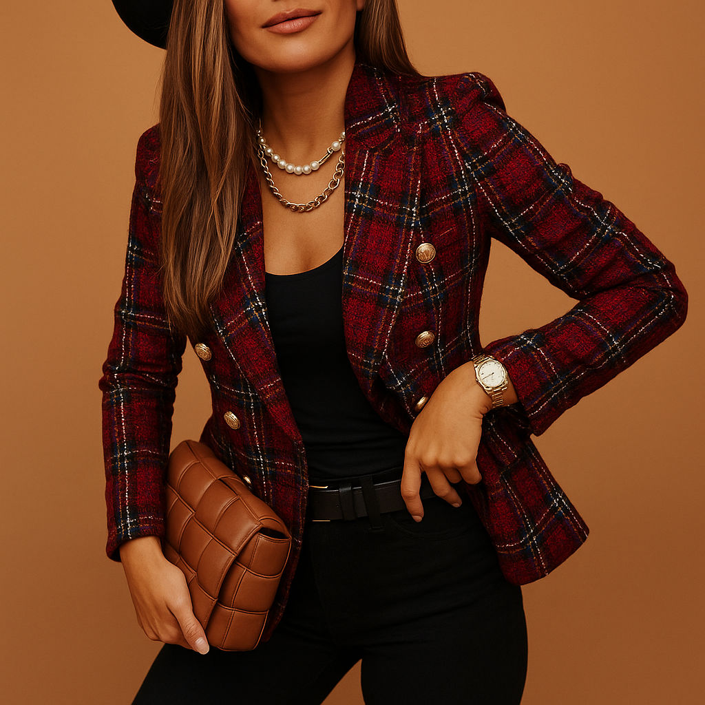 Notch Lapel Plaid Tweed Gold Button Fitted Blazer 4