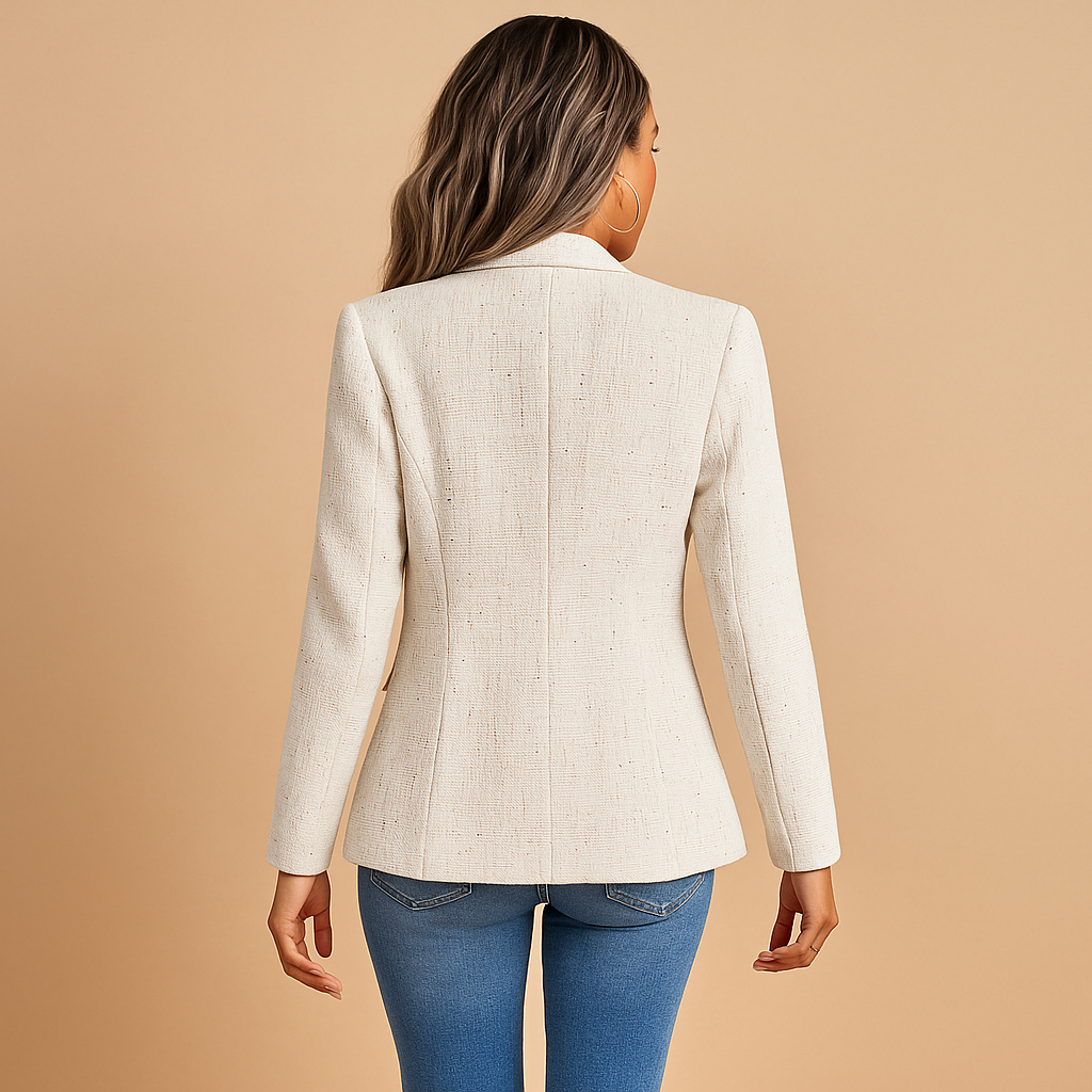 White Peak Lapel Double-Breasted Gold Button Tweed Blazer