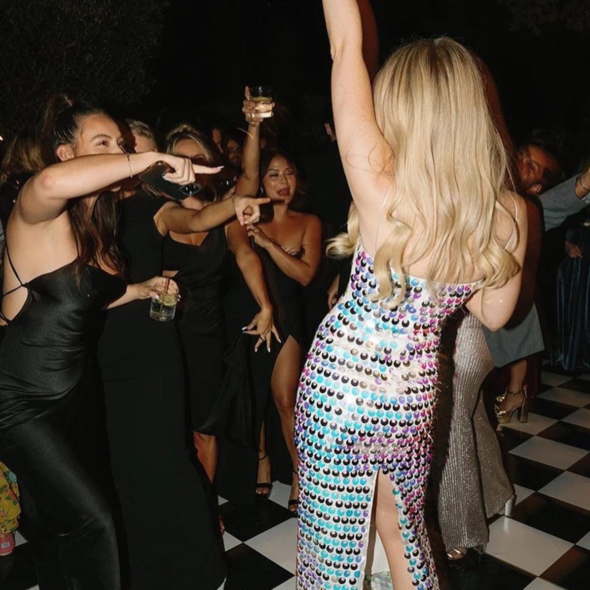 Spaghetti Strap Disc Paillette Sequin Bodycon Midi Dress