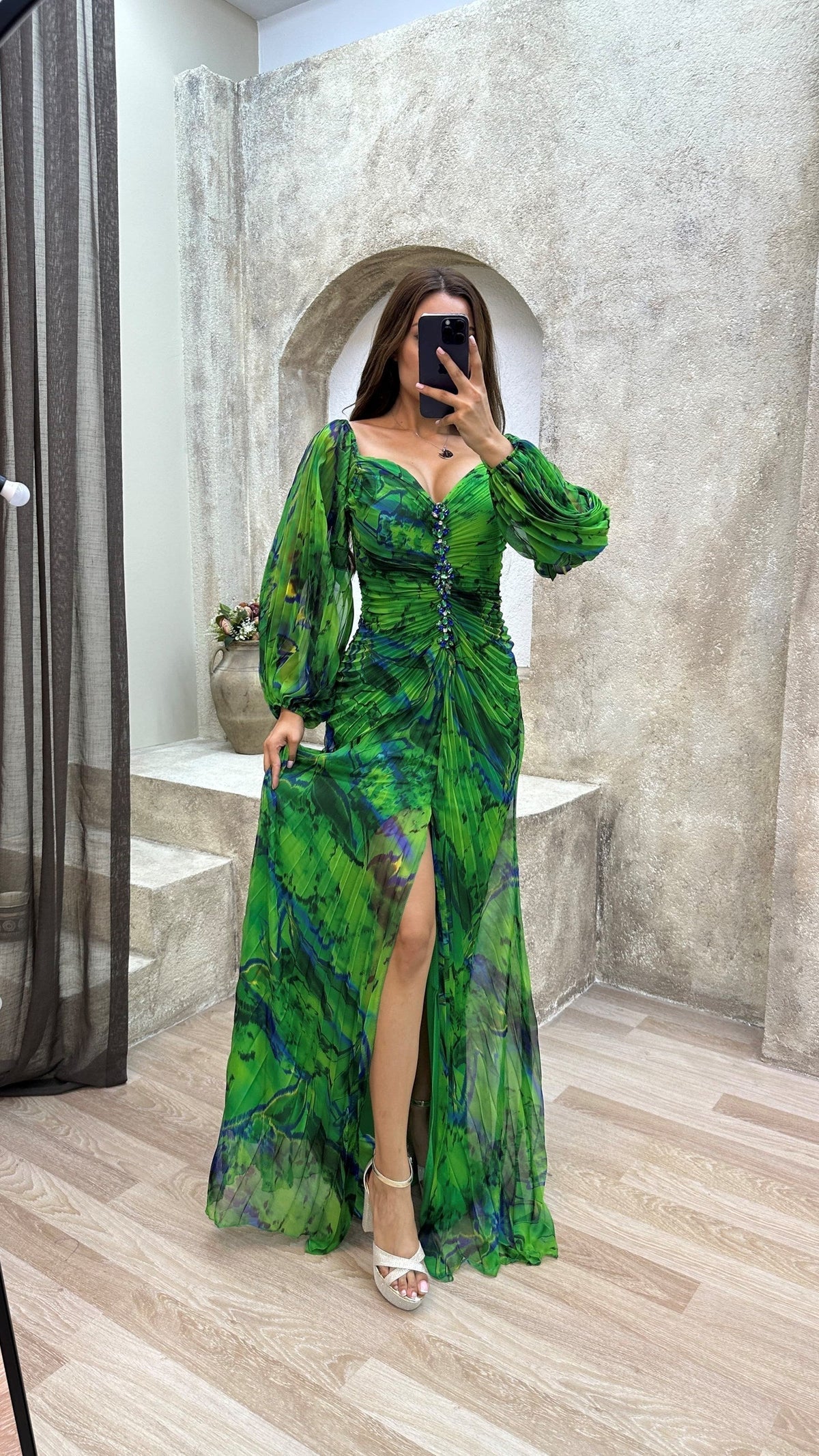 Sweetheart Off-Shoulder Puff Sleeve Pleated Embellished Floral High Slit Gown