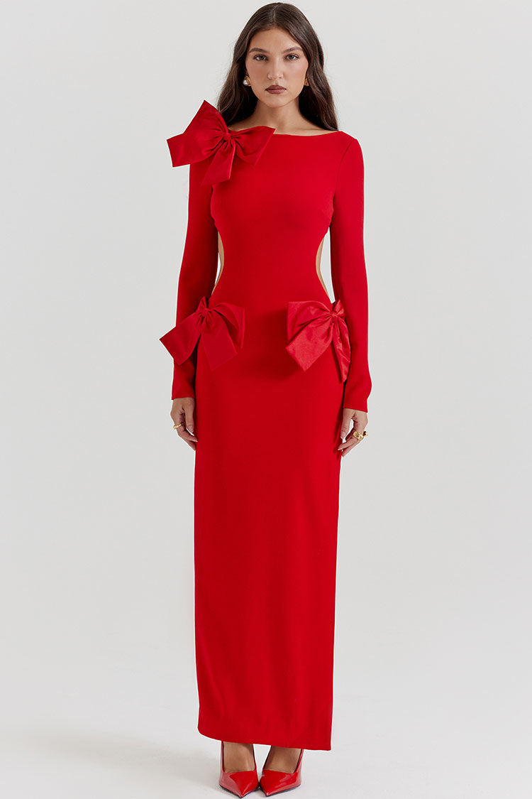 Glamorous Big Bow Crew Neck Long Sleeve Cutout Back Split Evening Maxi Dress - Red