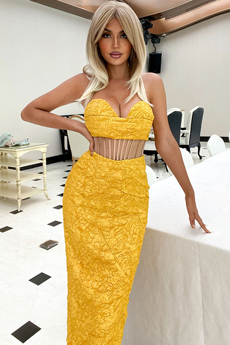 Yellow Strapless Sweetheart Floral Jacquard Corset Waist Cutout Bodycon Midi Dress