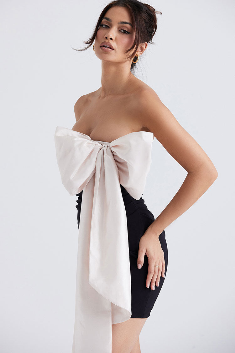 Black Strapless Oversized Bow Two Tone Satin Bodycon Mini Dress 2