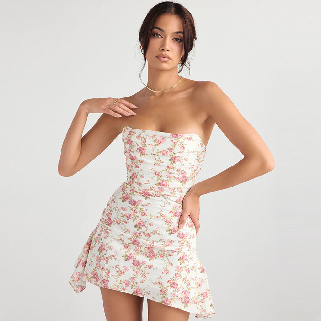 Floral Strapless Rose Floral Print Ruched Corset Bodycon Mini Dress