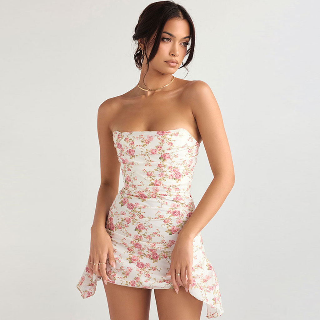 Floral Strapless Rose Floral Print Ruched Corset Bodycon Mini Dress
