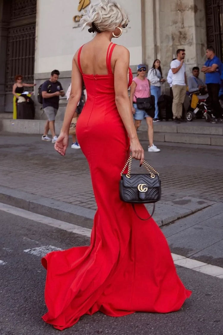 Red Strappy Sheer Mesh Cutout Braided Trim High Slit Maxi Dress