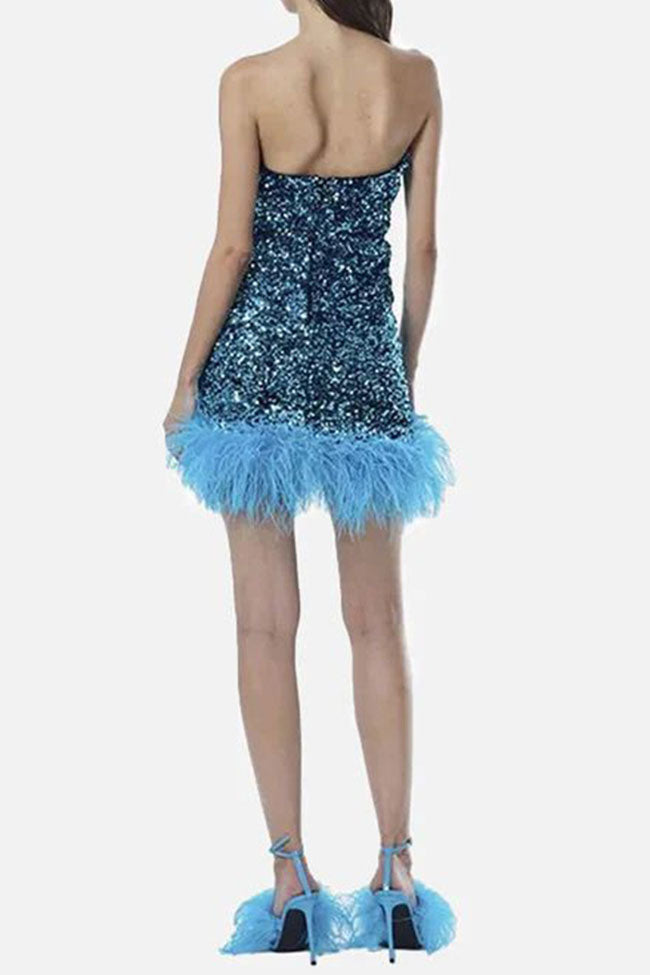 Blue Strapless Sequin Feather Trim Hem Bodycon Mini Dress