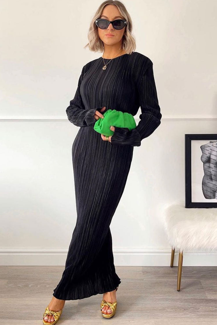 Black Round Neck Long Sleeve Plisse Pleated Column Maxi Dress