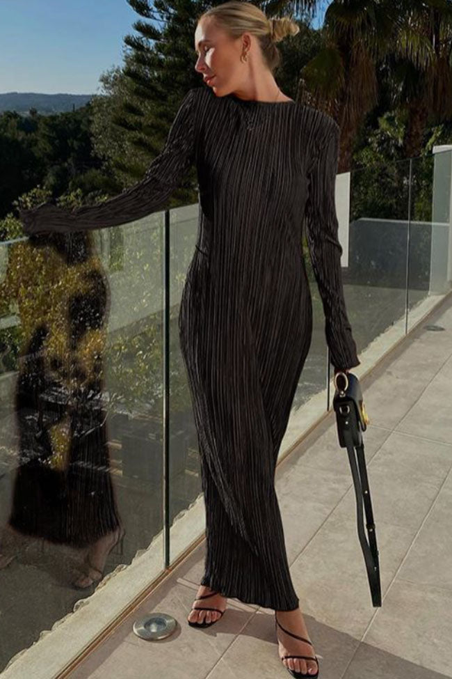 Black Round Neck Long Sleeve Plisse Pleated Column Maxi Dress