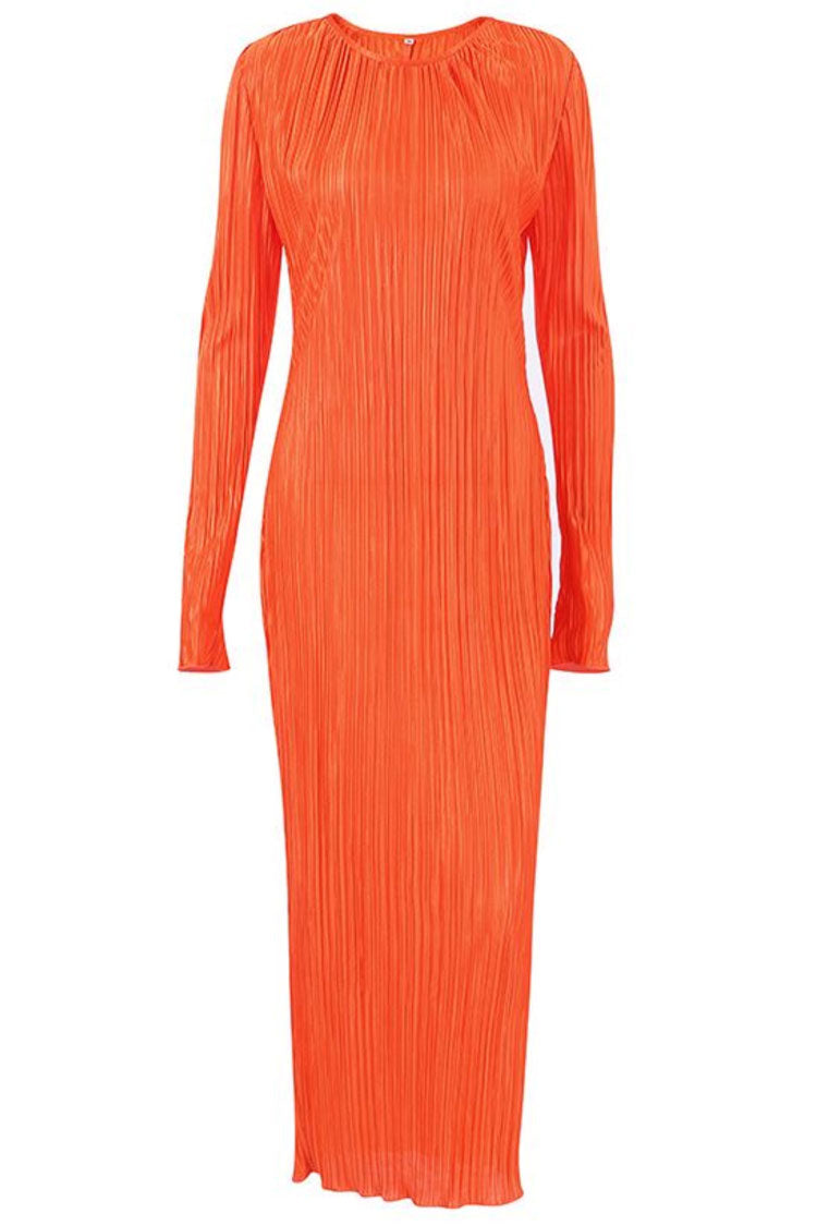 Burnt Orange Round Neck Plisse Pleated Long Sleeve Shift Maxi Dress