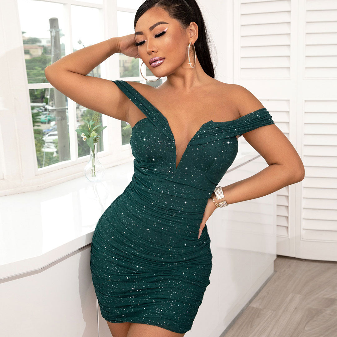 Emerald Green Off-Shoulder Glitter V-Wire Ruched Bodycon Mini Dress