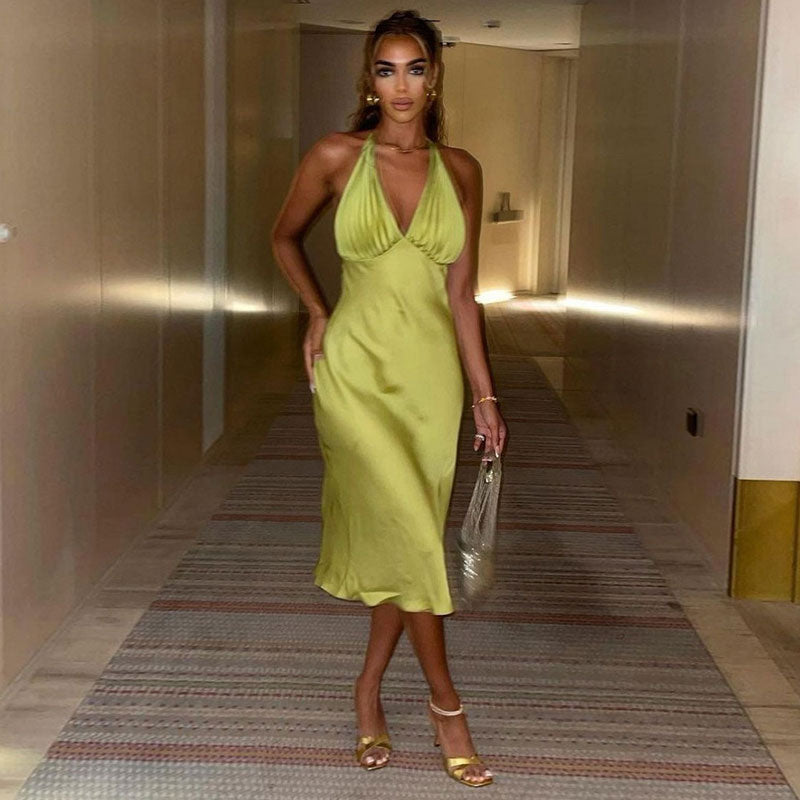 Green Backless Halter Neck Pleated Satin A-Line Midi Dress