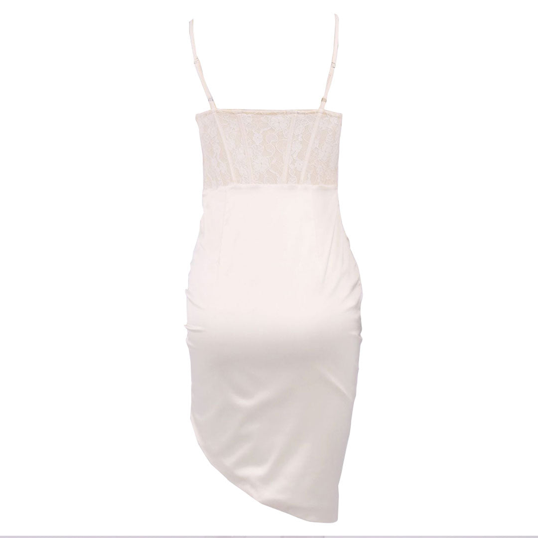 Apricot Spaghetti Strap Satin Corset Ruched High Slit Bodycon Midi Dress